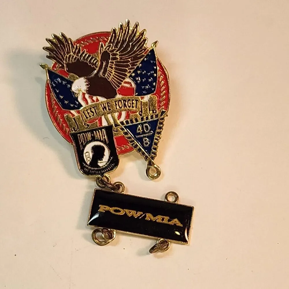 POW MIA pin with eagle, American flag, and 'LEST WE FORGET' Brooch Pin Read See